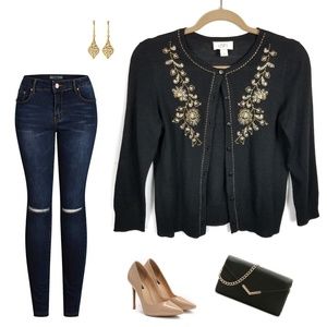 LOFT | Black Cardigan w Gold Detail S